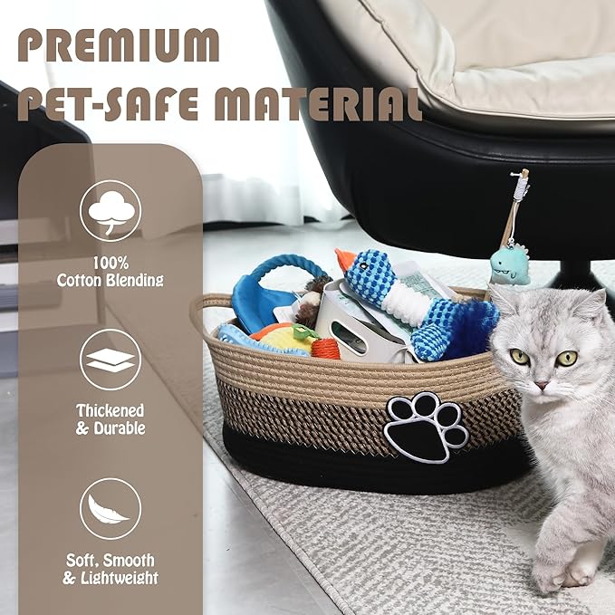 Sea Team Pet Toy Storage Basket with Handles, 16.5 x 11 x 7 Inches, 4.4 Gallons Large Cotton Rope Storage Bin, Shelf Basket, Organizer for Cat, Dog Chew Toys, Foods, Flaxen & Black Paws