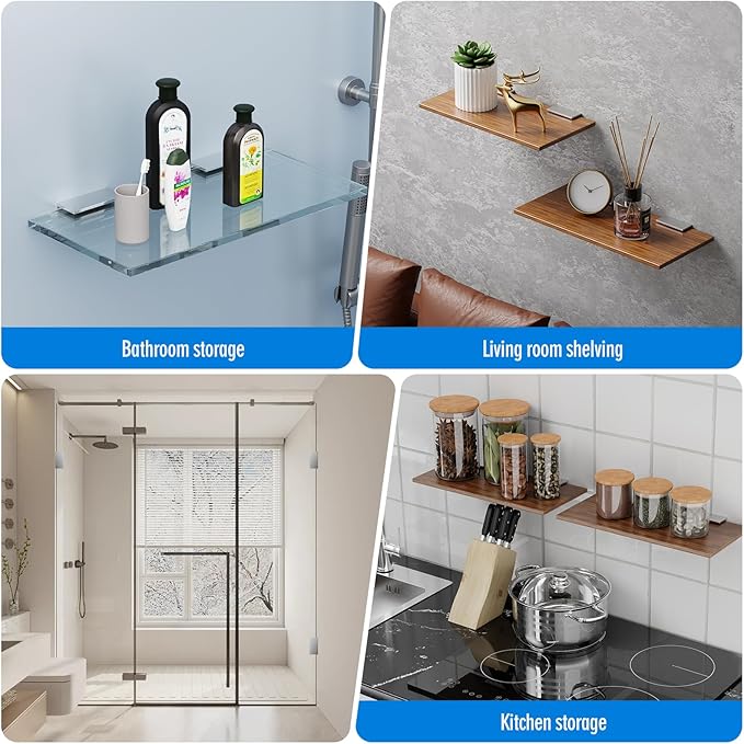 Ranbo 2 Pcs Frameless Glass Clamp Brackets for Shelf and Shower, Heavy Duty Wall Mount Rectangular Holders for 1/4" to 1/2" Panels, Polished Silver Finish Hardware