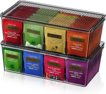 Lifewit Tea Bag Organizer with lids, Plastic Teabag Box with 16 Compartments, Stackable Divided Storage Containers for Cabinet, Pantry, Countertop, Sugar Packets, Black, 29 cm/11.5 inch L, 2 Pack