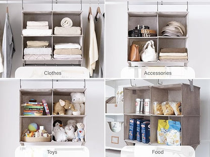 StorageWorks Hanging Closet Organizer with Metal Rod, 4-Section Closet Organizers and Storage, Collapsible Hanging Shelves for Baby Clothes, Shoes, Sweater Storage, Brown and Beige