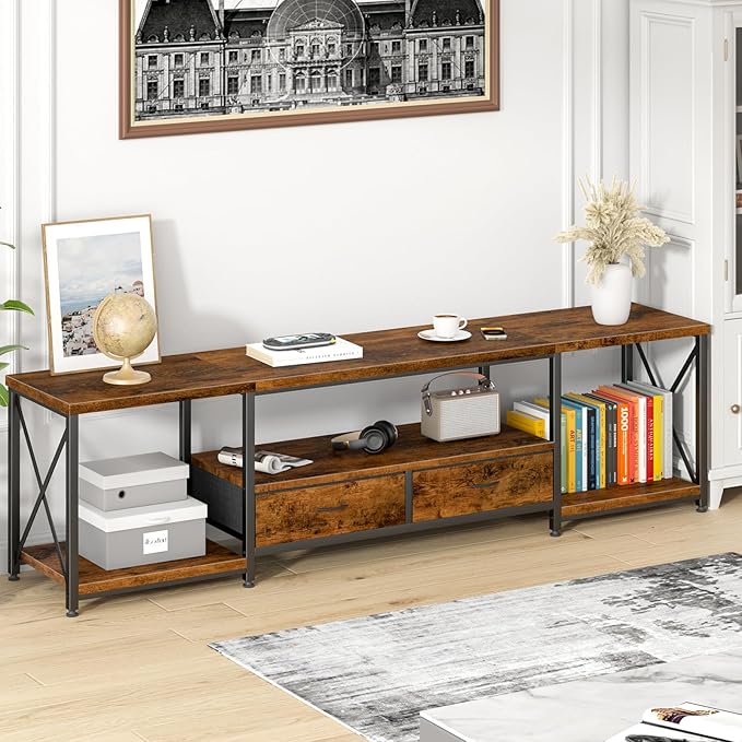 GYIIYUO TV Stand with Fabric Drawers - Entertainment Center and Industrial Console Table with Open Storage Shelves for Living Room, Bedroom - 71.5" Rustic Brown