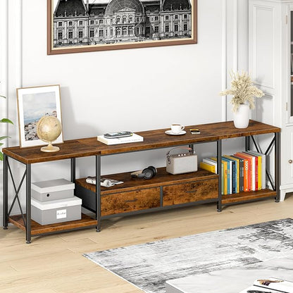 GYIIYUO TV Stand with Fabric Drawers - Entertainment Center and Industrial Console Table with Open Storage Shelves for Living Room, Bedroom - 71.5" Rustic Brown