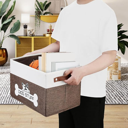 Foldable Dog Toy Box, Fabric Pet Storage, Folding Organizer Home Décor Bin with Handle, Collapsible Storage Basket for Pet Leash, Blanket, Chew Toys and Accessories, Coffee