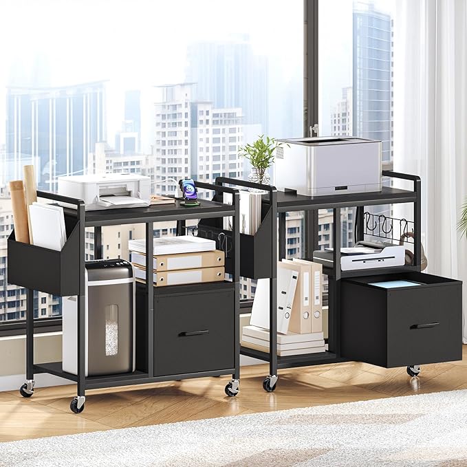 HOOBRO Printer Stand with Charging Station, Printer Shredder Stand with Wheels and File Drawer, Industrial Printer Cart, Mobile Table with Fabric Storage Pouch, for Home Office, Black BB09UPS01