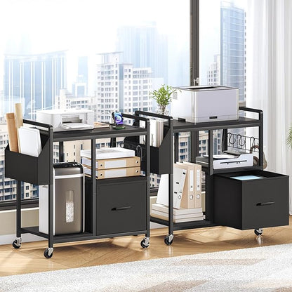HOOBRO Printer Stand with Charging Station, Printer Shredder Stand with Wheels and File Drawer, Industrial Printer Cart, Mobile Table with Fabric Storage Pouch, for Home Office, Black BB09UPS01