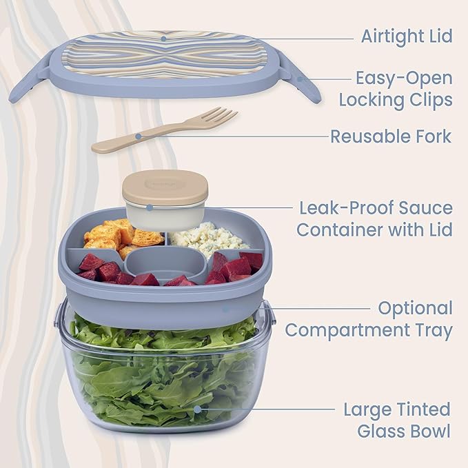 Bentgo Glass Prints Salad Container - 7.6-Cup Tinted Glass Salad Bowl with Airtight Lid, Leak-Proof Sauce Container, 4-Compartment Bento Meal Prep Tray & Reusable Fork (Wildly Chic - Soft Blue)
