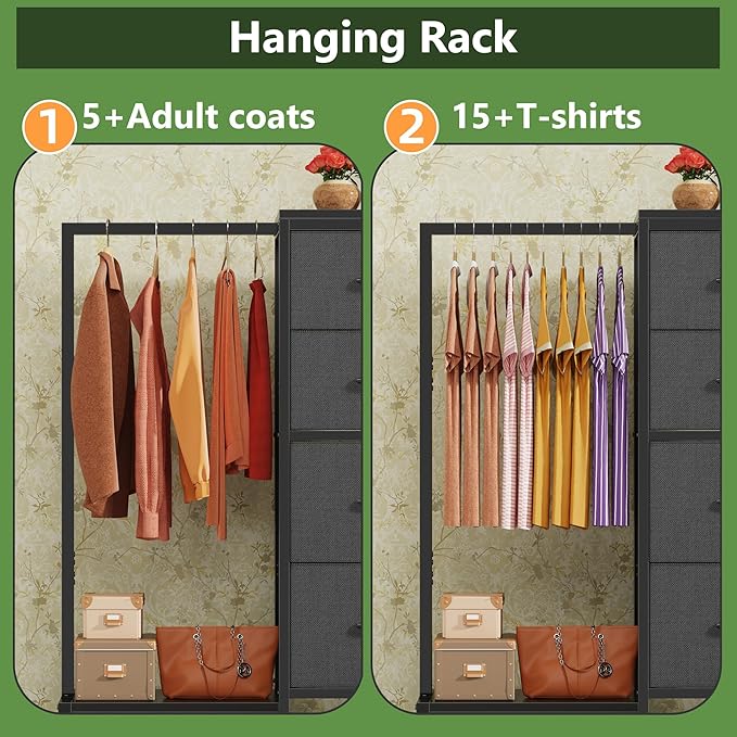 Dresser with Hanging Rack, 4 Drawers Small Closet for Bedroom, Reversible Fabric Kids Chest of Drawers with Clothes Rack, Tall Storage Tower, Sturdy Frame, Grey, 44''H
