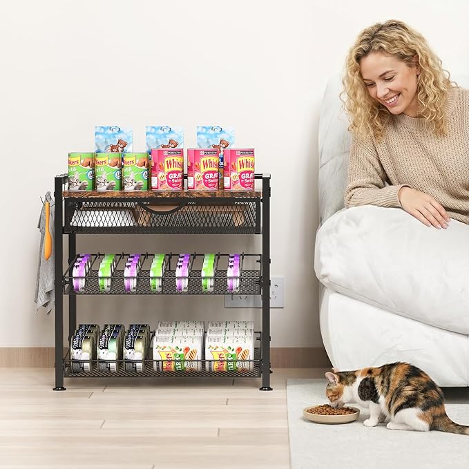Cat Food Organizer，2 Floors Bring Drawer Storage Rack, Manually Adjust The Gap Size，Store Suitable Can Sizes Container，Automatic Slip Design，Suitable For Pet Food Canned Food Dispenser