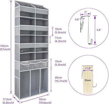 Extra Large Over The Door Organizer with Clear Pockets - 8 Compartments & XL Bottom Storage, Heavy-Duty Hanging Organizer for Bathroom, Bedroom, Closet (57 Inch Height).
