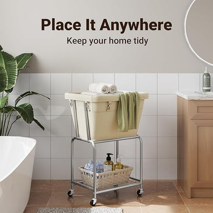 ELYKEN Rolling Laundry Hamper with Wheels, Laundry Cart with Removable Bag, Heavy Duty Metal Frame, 2-Tier Clothes Basket Hamper with Shelf for Closet, Bedroom, Bathroom, Laundry Room, Cream