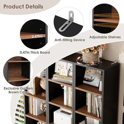 FOTOSOK 8-Tier Media Tower Rack, 11.6 X 9.3 X 71 Inches CD DVD Slim Storage Cabinet with Adjustable Shelves, Tall Narrow Bookcase Display Bookshelf for Home Office, Black/Brown