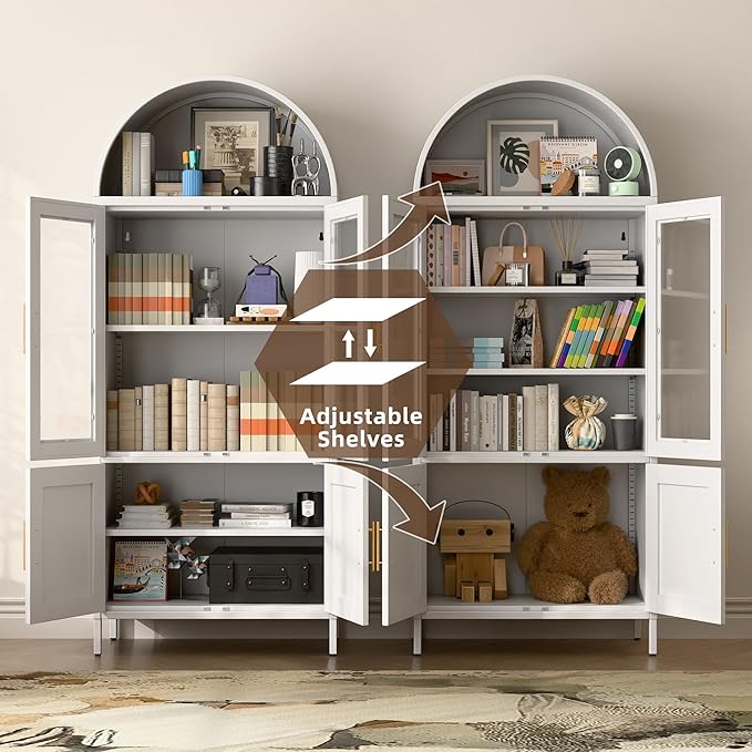 Metal Arched Pantry Cabinet with 2 Drawers,White Arched Kitchen Pantry Cabinet with Glass Door for Kitchen Home, Assemble Required,White,72.76"×30.83" W×16.10" D