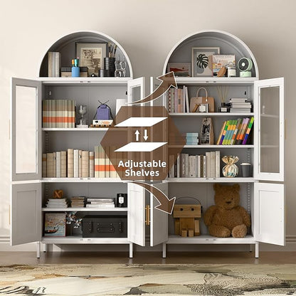 Metal Arched Pantry Cabinet with 2 Drawers,White Arched Kitchen Pantry Cabinet with Glass Door for Kitchen Home, Assemble Required,White,72.76"×30.83" W×16.10" D