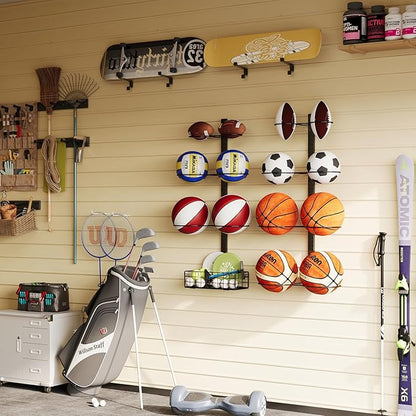 8 Tier Detachable Wall Mounted Basketball Rack,Vertical/Horizontal Football Holder,Holds 14 Balls DIY1/2/3/4 Soccer Stand,Height-Adjustable Ball Rack with Basket for Garage,Tool Room