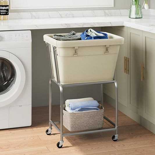 ELYKEN Rolling Laundry Hamper with Wheels, Laundry Cart with Removable Bag, Heavy Duty Metal Frame, 2-Tier Clothes Basket Hamper with Shelf for Closet, Bedroom, Bathroom, Laundry Room, Cream