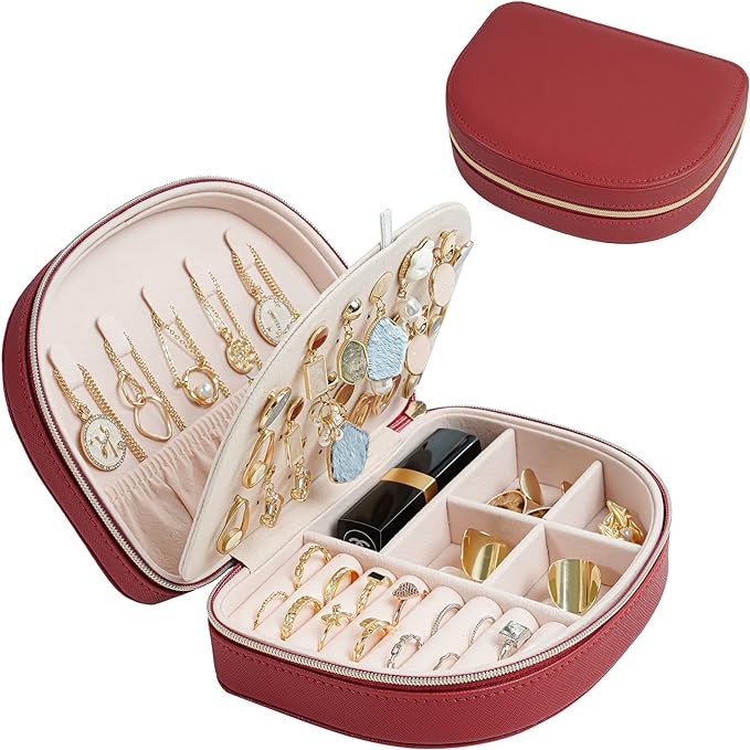 ProCase Travel Size Jewelry Box, Medium Portable Seashell-Shaped Jewelry Case, 2 Layer Jewelry Organizer in PU Leather for Women -Red