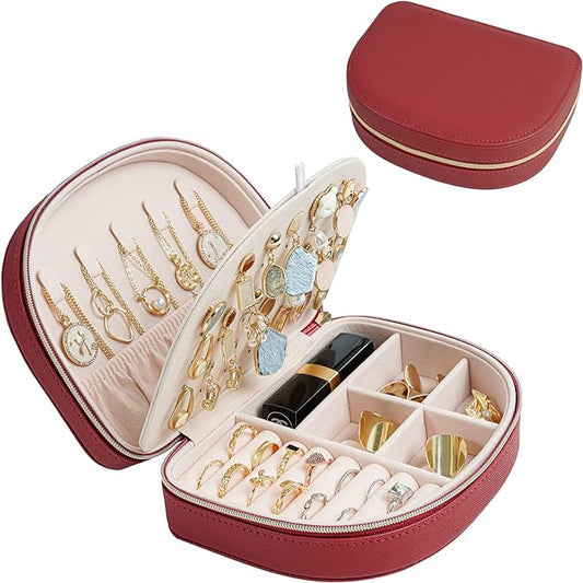 ProCase Travel Size Jewelry Box, Medium Portable Seashell-Shaped Jewelry Case, 2 Layer Jewelry Organizer in PU Leather for Women -Red