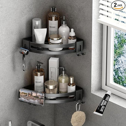VOLPONE Corner Shower Caddy with Razor Holder Adhesive Shower Shelf Corner No Drilling (adhesive mounting, no suction cup) Bathroom Shower Organizer Storage Rack (2-Pack, Black)