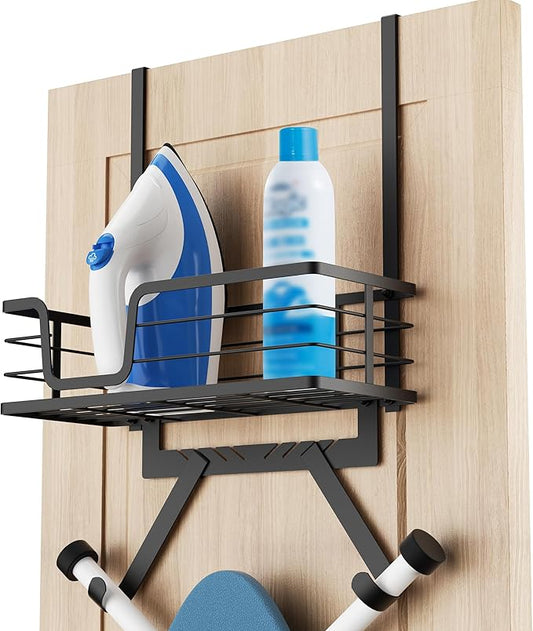 KES Over The Door Ironing Board Holder, Ironing Board Hanger Door Mount with Storage Shelf Y and T Shaped Fits for 1 3/8 Doors Matte Black, HIR501A-BK