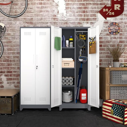 Locking Cabinet,Metal Garage Storage Cabinets with 2 Doors,Garage Tool Storage Cabinets with 3 Adjustable Shelves,Lockable Storage Cabinet for Basement,Home Office,Grey-White