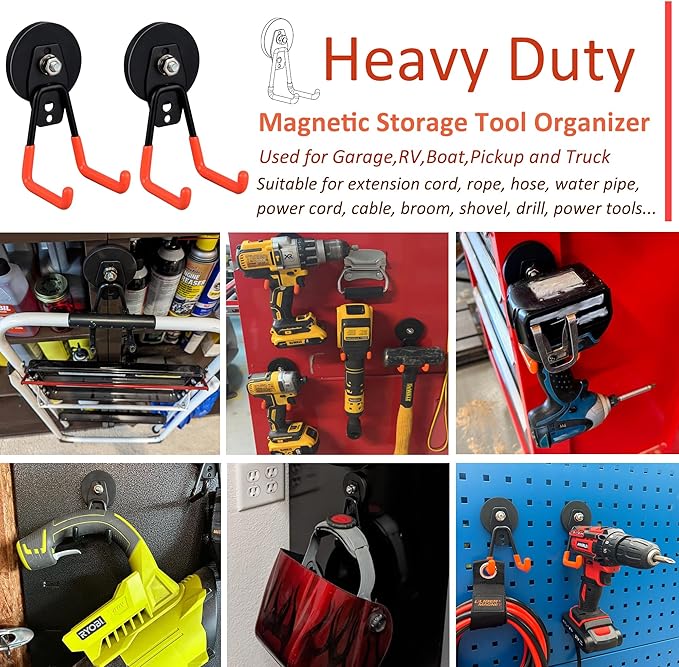 ULIBERMAGNET Heavy Duty Magnetic Garage Hooks,Strong Large Magnet Hooks for Power Drill,Garden Tools,Hose,Pegboard,Garage, Workshop,2 Pack Magnetic Storage Holder for Indoor Outdoor Hanging(Orange)