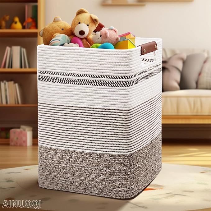 Laundry Hamper - Tall Woven Rope Laundry Basket - Clothes hamper with Leather Handles, 17" X 13.8" X 22", Blanket Storage Basket for Living Room, Rice Brown & White