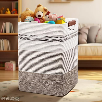 Laundry Hamper - Tall Woven Rope Laundry Basket - Clothes hamper with Leather Handles, 17" X 13.8" X 22", Blanket Storage Basket for Living Room, Rice Brown & White