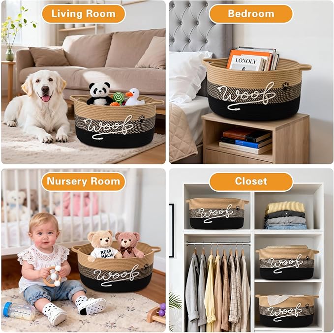 Woof Dog Toy Basket with Handles, Large Dog Toy Storage Bin with Paw Print, Woven Dog Basket for Blankets, Toys, Chews, Pet Toy Box for Nursery, Living Room, Bedroom, 17”x12”x9, Black