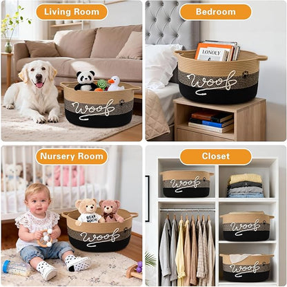 Woof Dog Toy Basket with Handles, Large Dog Toy Storage Bin with Paw Print, Woven Dog Basket for Blankets, Toys, Chews, Pet Toy Box for Nursery, Living Room, Bedroom, 17”x12”x9, Black