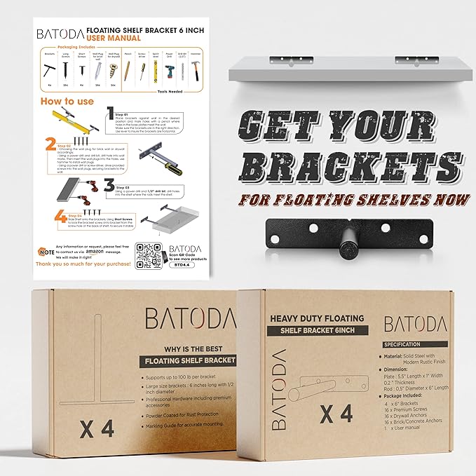 BATODA 6" Floating Shelf Bracket Heavy Duty (4 pcs) – Solid Steel Blind Shelf Supports - Hidden Brackets for Floating Wood Shelves - Blind Shelf Support - Shelving Mounting Hardware Included (Pack 4)