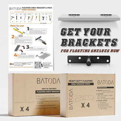 BATODA 6" Floating Shelf Bracket Heavy Duty (4 pcs) – Solid Steel Blind Shelf Supports - Hidden Brackets for Floating Wood Shelves - Blind Shelf Support - Shelving Mounting Hardware Included (Pack 4)