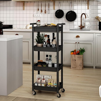 4 Tier Rolling Cart with Handle, Utility Cart with Table Top Easy Assembly Bathroom Storage Cart on Wheels for Office, Living Room, Kitchen, Craft Room, Black
