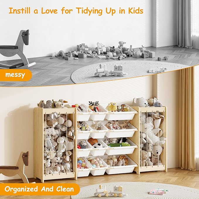 Large Toy Storage Organizer, Wooden Stuffed Animal Storage & 12-Bins Toy Organizer, Double-Sided Plush Toy Holder Featuring Thicker Ropes, Space Save Playroom Nursery Bedroom Storage, White