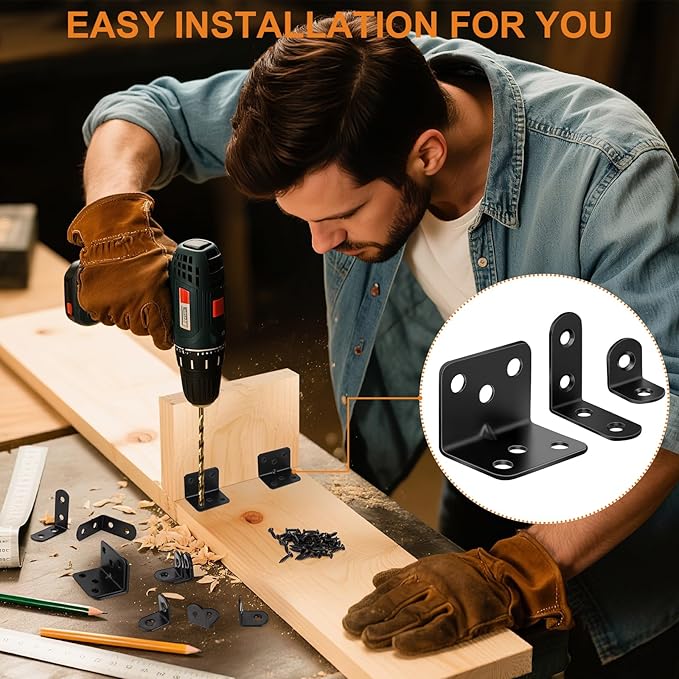 26PCS L Bracket Corner Brace Kit, 3 Sizes Stainless Steel L Brackets for Wood Shelves, 90 Degree Right Angle Bracket, Black Metal Corner Brackets for Furniture Cabinet Drawer Chair (with 88 Screws)