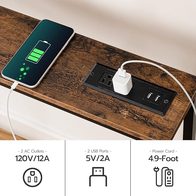 HOOBRO 63" Narrow Console Table with Charging Station, 5.9" Sofa Table with 2 Power Outlets and USB Ports, Long Entryway Tables Behind Couch Table, for Hallway, Livingroom, Rustic Brown BF165UXG01G1
