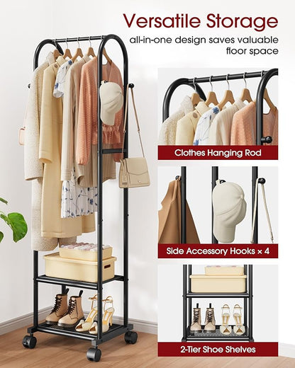 Clothes Rack - Space-Saving Clothing Rack with Wheels, 2-Tier Dense Mesh Shoe Shelves & 4 Hooks, Garment Rack for Bedroom, Entryway, Closet, 18.4" x 12.6" x 72", Black