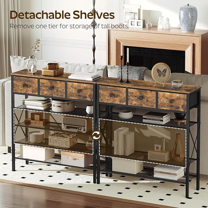 5-Tier Shoe Rack with 3 Drawers, Metal Shoe Organizer for 20 Pairs with Storage Shelves and Wooden Top, for Entryway, Hallway, Foyer, Closet, Rustic Brown and Black SS35BR