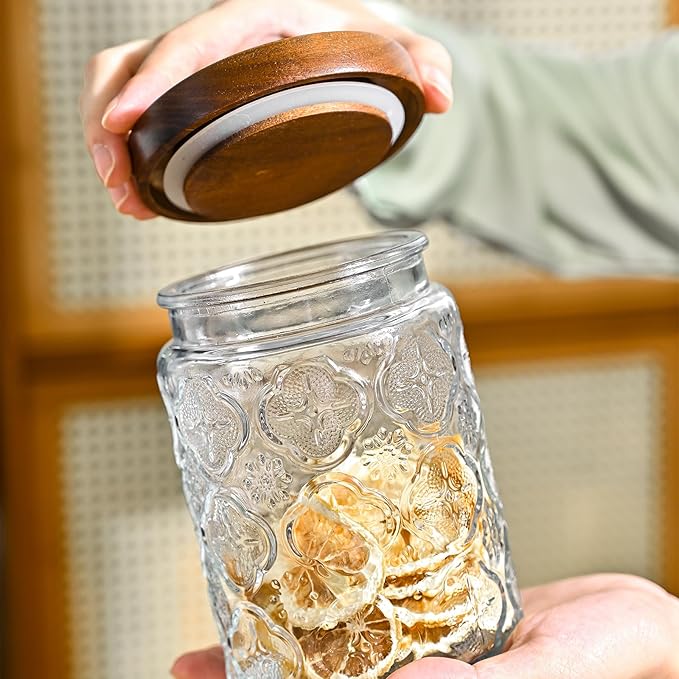 24oz Vintage Glass Canister With Lid Small Glass Jars Wide Mouth Mason Jars Airtight Coffee Canisters Kitchen Storage Containers For Sugar Tea Spice Flour Candy Cookie Cereal Cute Decorative