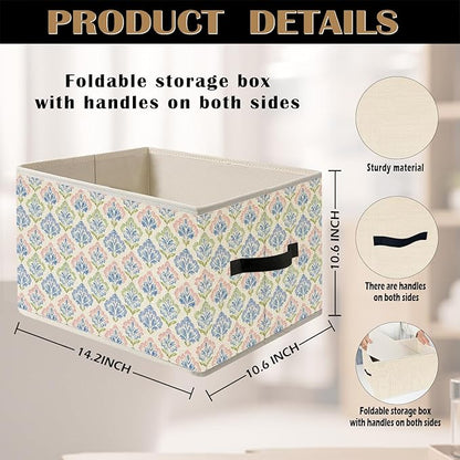 Girly Pastel Jewels Storage Bin Box with Handles, Grandmillenial Blue Green Pink Floral Cottagecore Foldable Organizer Basket Toybox for Girls Dorm Bedroom Bathroom Clothes Toys Books