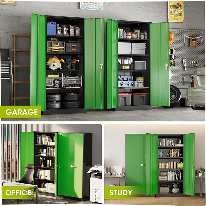 Greenvelly Metal Lockable Storage Cabinet, 72” Storage Cabinet with 2 Doors and 4 Adjustable Shelves for Office, Home, Garage, Pantry (Assembly Required, Black Green)