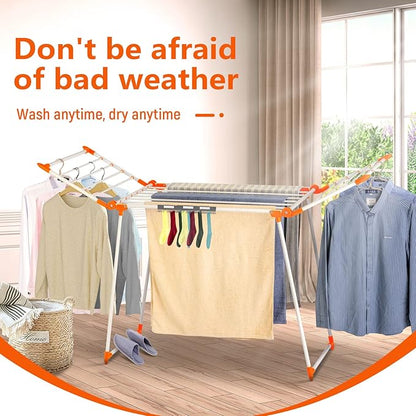 Clothes Drying Rack, Gullwing Laundry Rack, Collapsible, Space-Saving Laundry Rack, with Bonus Sock Clips, for Clothes, Towels, Linens, Indoor/Outdoor, Orange