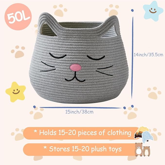 OMERAI Animal Baskets Cotton Rope Storage Basket Woven Toy Basket Large Basket for Blankets Cute Cat Toy Box with Handles Foldable Animal Laundry Basket Nursery Organizer, 15"D x 12.6"H