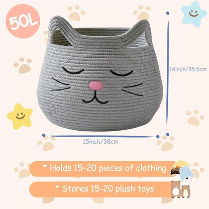 OMERAI Animal Baskets Cotton Rope Storage Basket Woven Toy Basket Large Basket for Blankets Cute Cat Toy Box with Handles Foldable Animal Laundry Basket Nursery Organizer, 15"D x 12.6"H