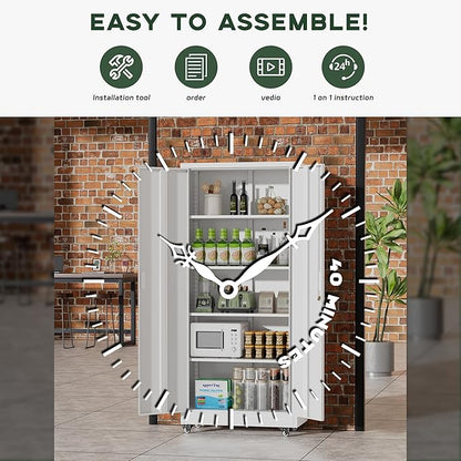 Greenvelly 73" Rolling Storage Cabinet,White Metal Garage Cabinet with Locking Doors and 4 Adjustable Shelves for Home,Kitchen,Office,Warehouse(32" W x 16" D,Wheels)