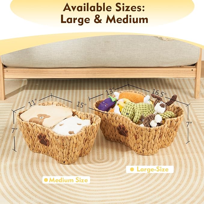 FairyHaus Wicker Dog Toy Basket Organizer, Large Bone Shape Bin with Dog Paw Decor, Natural Water Hyacinth Box for Pet Chew Toys, Blankets, Treats