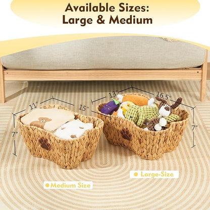 FairyHaus Wicker Dog Toy Basket Organizer, Large Bone Shape Bin with Dog Paw Decor, Natural Water Hyacinth Box for Pet Chew Toys, Blankets, Treats