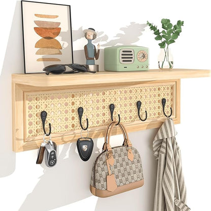 Homode Coat Rack Wall Mount with Shelf, Boho Rattan Entryway Wall Shelf with Hooks, Natural Wood Floating Shelves with 5 Pegs, Hanging Coat Hooks Hat Hanger for Nursery Bedroom Living Room Kitchen