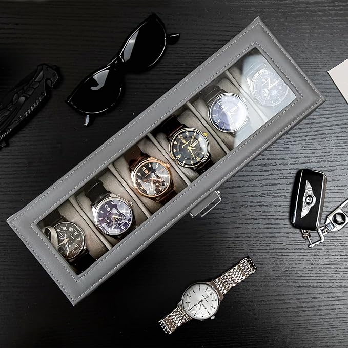 ProCase Watch Box, 6 Slot Watches Display Case with Drawer, Mens Watch Case with Glass Lid, 2-Layer Mens Jewelry Organizer Storage Holder, Birthday Valentine Gifts for Men -6 Slot, Grey
