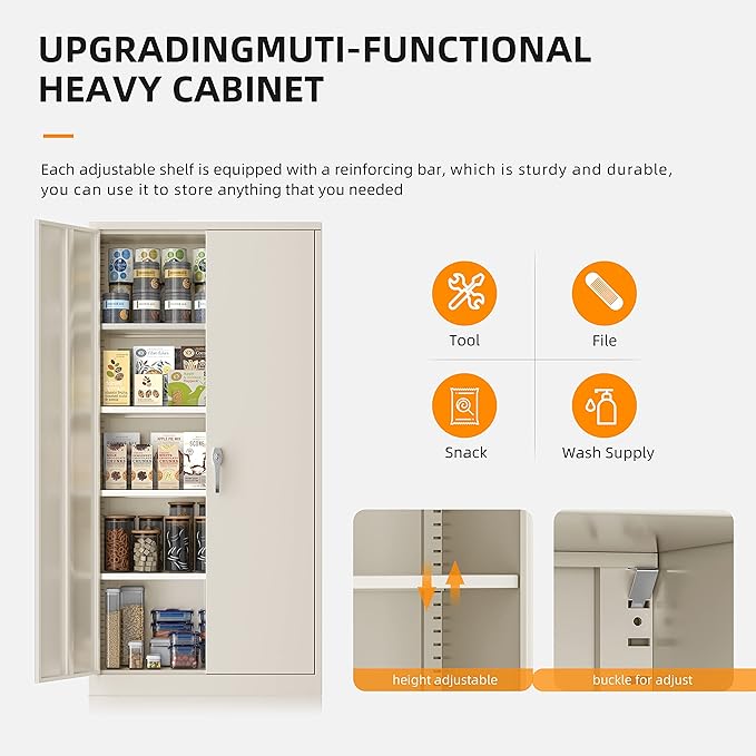 INTERGREAT Tall Metal Storage Cabinet Locking Steel with 4 Adjustable Shelves,72" Lockable Cabinets Lock 2 Doors for Office Garage Supply Home (Cream Gray)