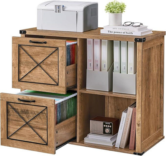VASAGLE Lateral File Cabinet, Filing Cabinet with 2 Drawers, Printer Stand, 2 Open Compartments, Fit A4, Letter Size, Hanging File Folders, for Home Office, Farmhouse Style, Honey Brown UOFC049T41